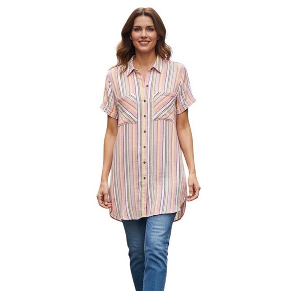 Woman Within Linen Blend Button Up Tunic Top - Pink Yellow Stripe, Size 14 / 16 - Picture 1 of 8